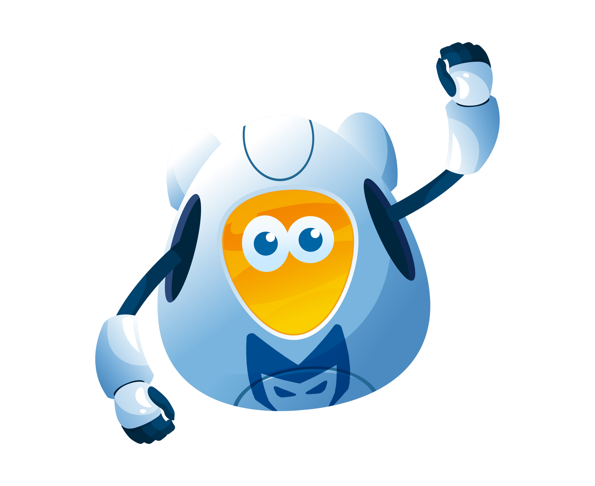 Blue cartoon robot with a smiling orange face, raising one arm