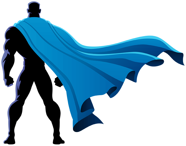 Cartoon detective in blue coat holding a magnifying glass and yellow cape, smiling on a white background