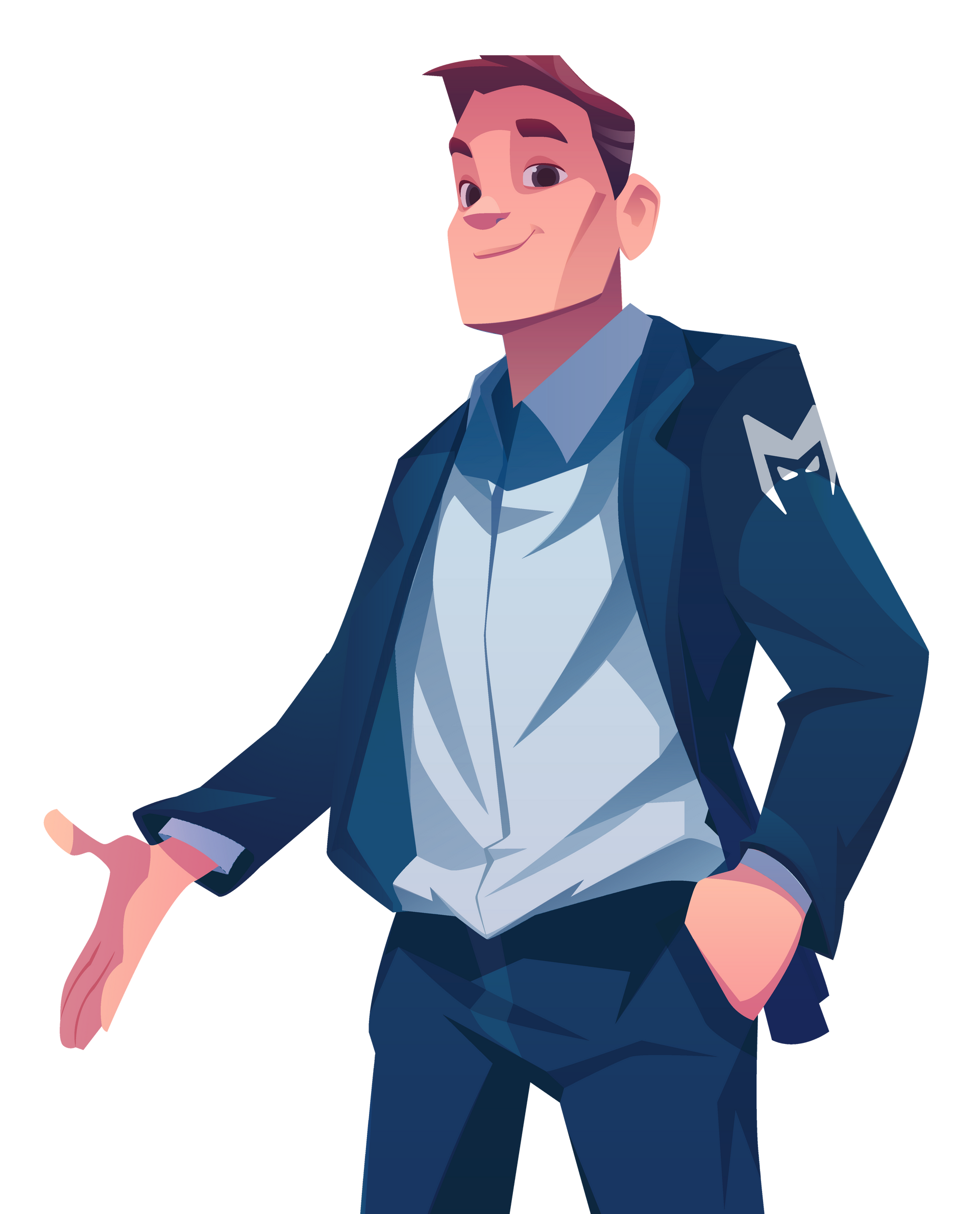 Stylized man in a blue jacket gesturing with one hand in his pocket
