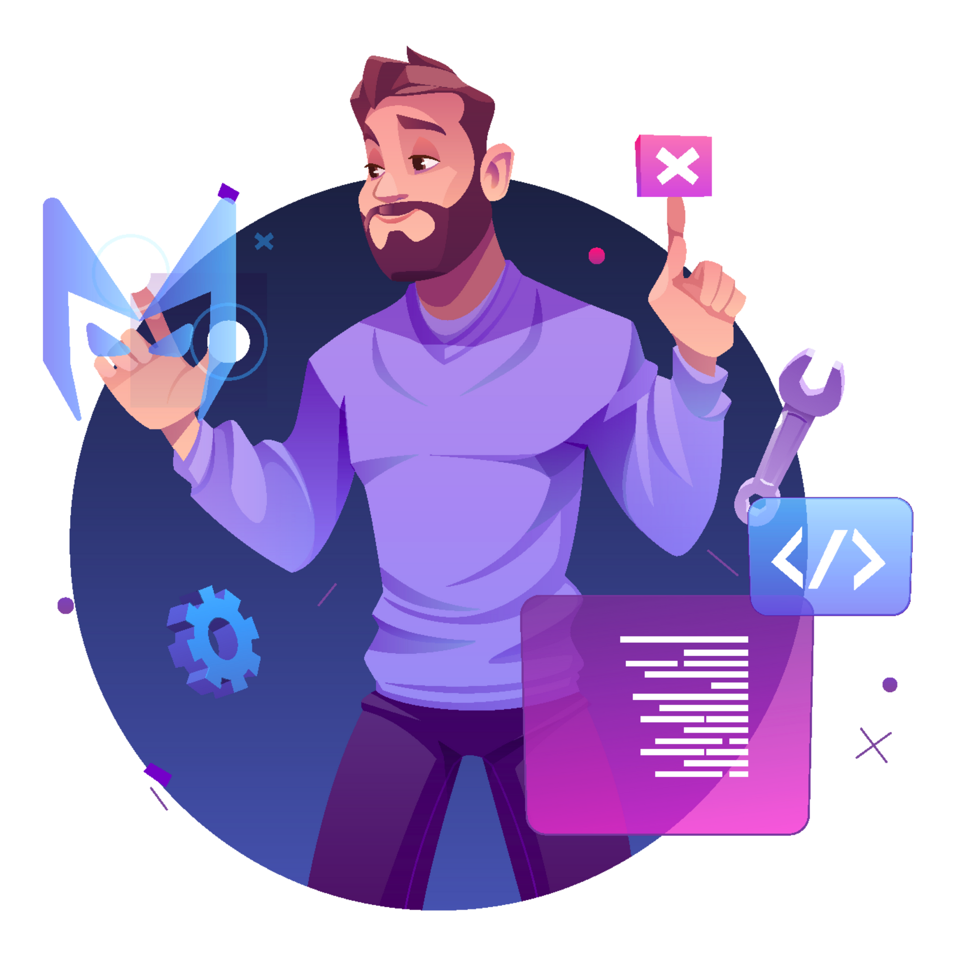 Cartoon developer juggling coding icons, tools, and error symbols on a purple background