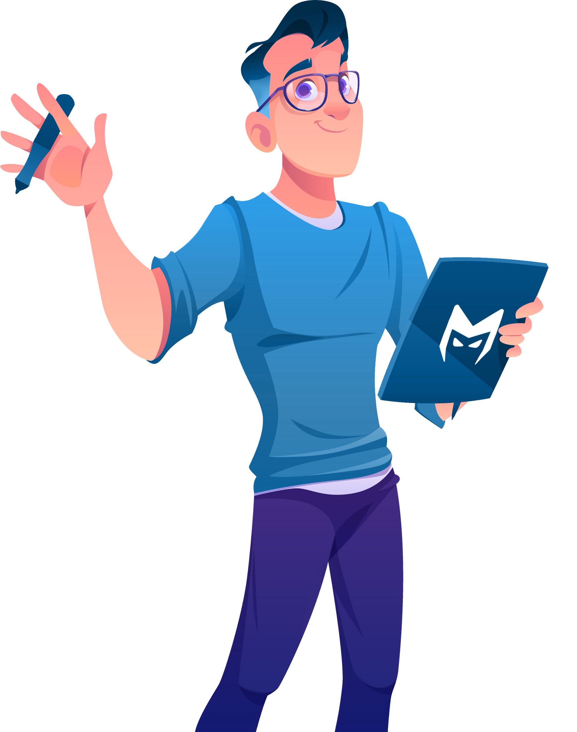 Illustrated person holding a pen and a tablet, wearing a blue shirt and purple pants.