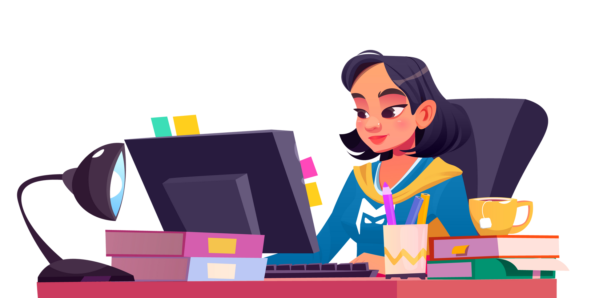 Person working at a desk with a laptop, books, and coffee in a colorful workspace