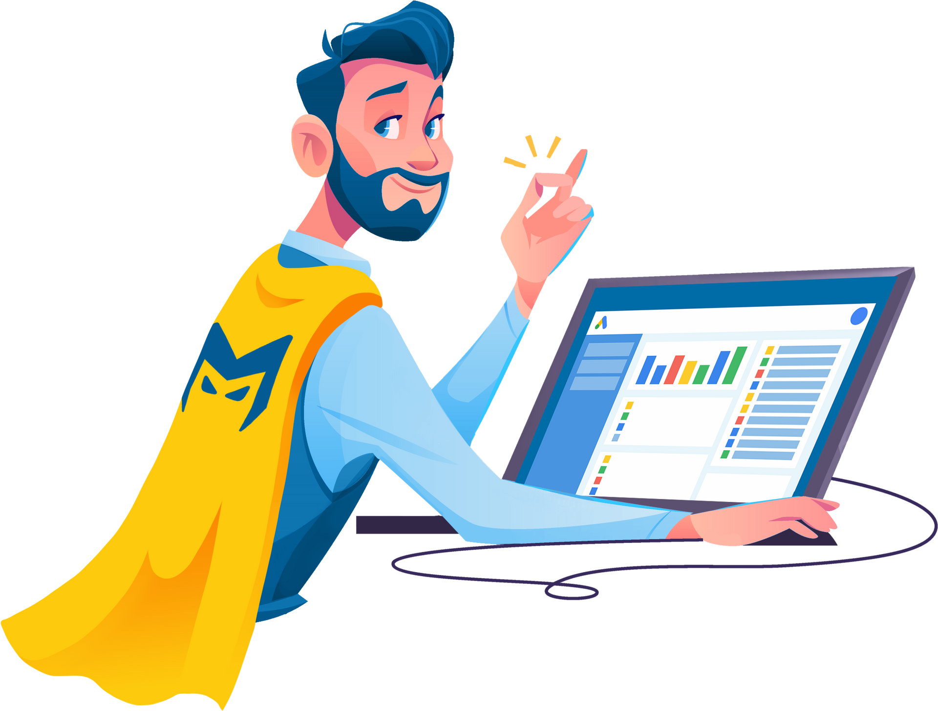Cartoon man at a laptop pointing to a colorful analytics dashboard, wearing a yellow cape and smiling.