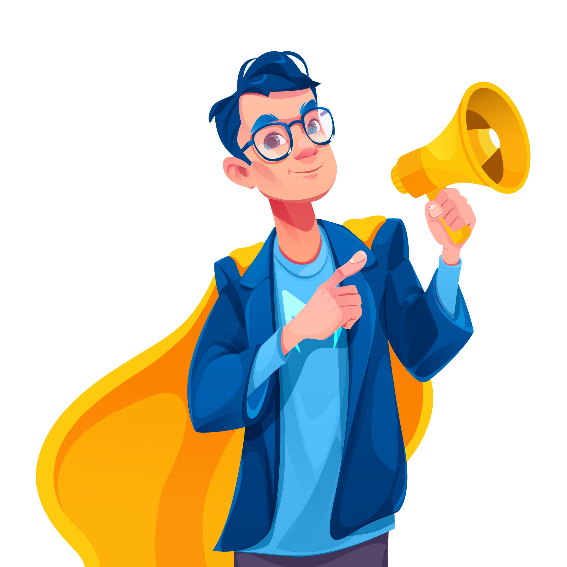 Cartoon man in blue jacket holding a yellow megaphone and pointing upward