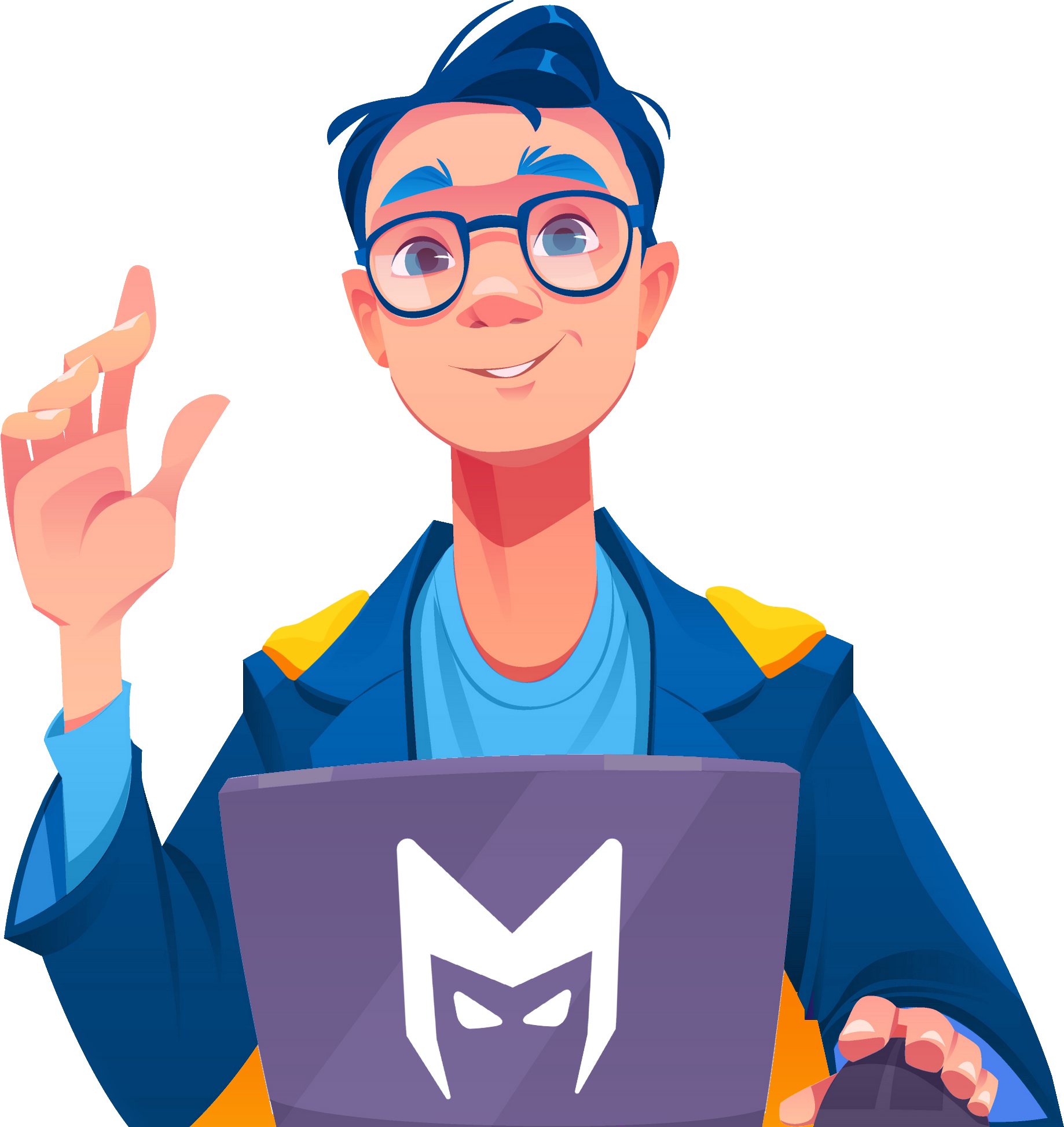 Cartoon man with glasses, waving behind a laptop with a white logo, wearing a blue jacket.