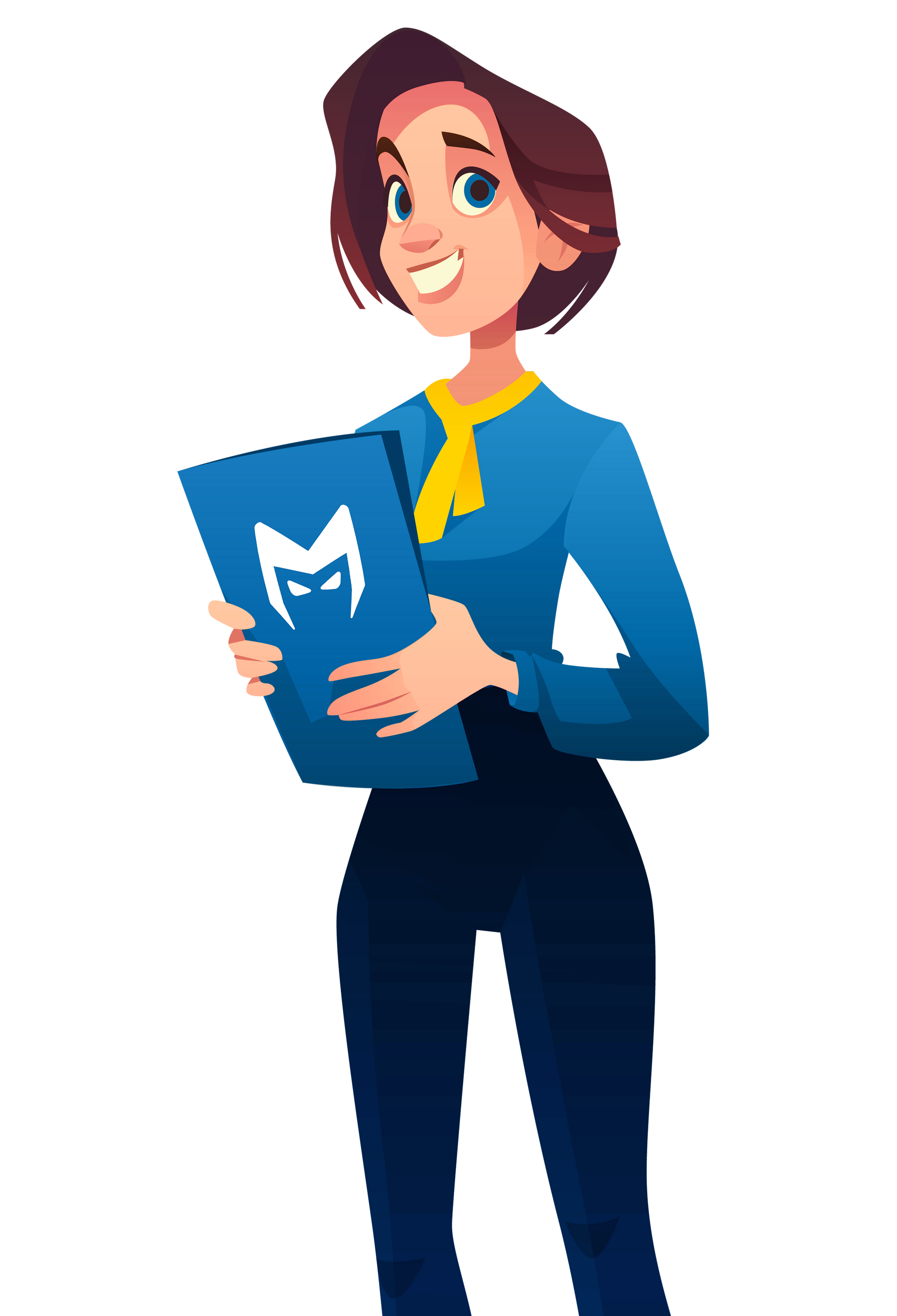 Cartoon character in blue uniform holding a blue folder with a white “M” logo, smiling.