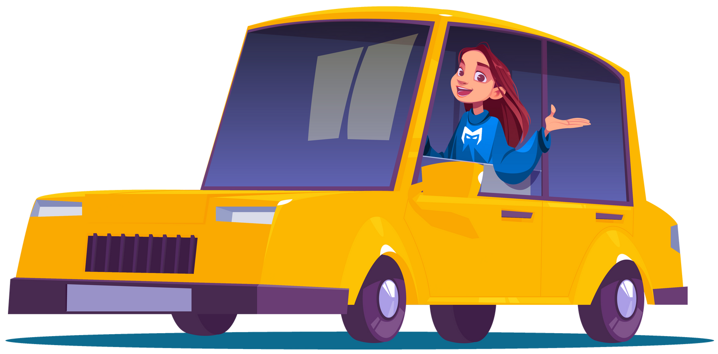 Yellow car with a smiling woman driving, waving from the window.