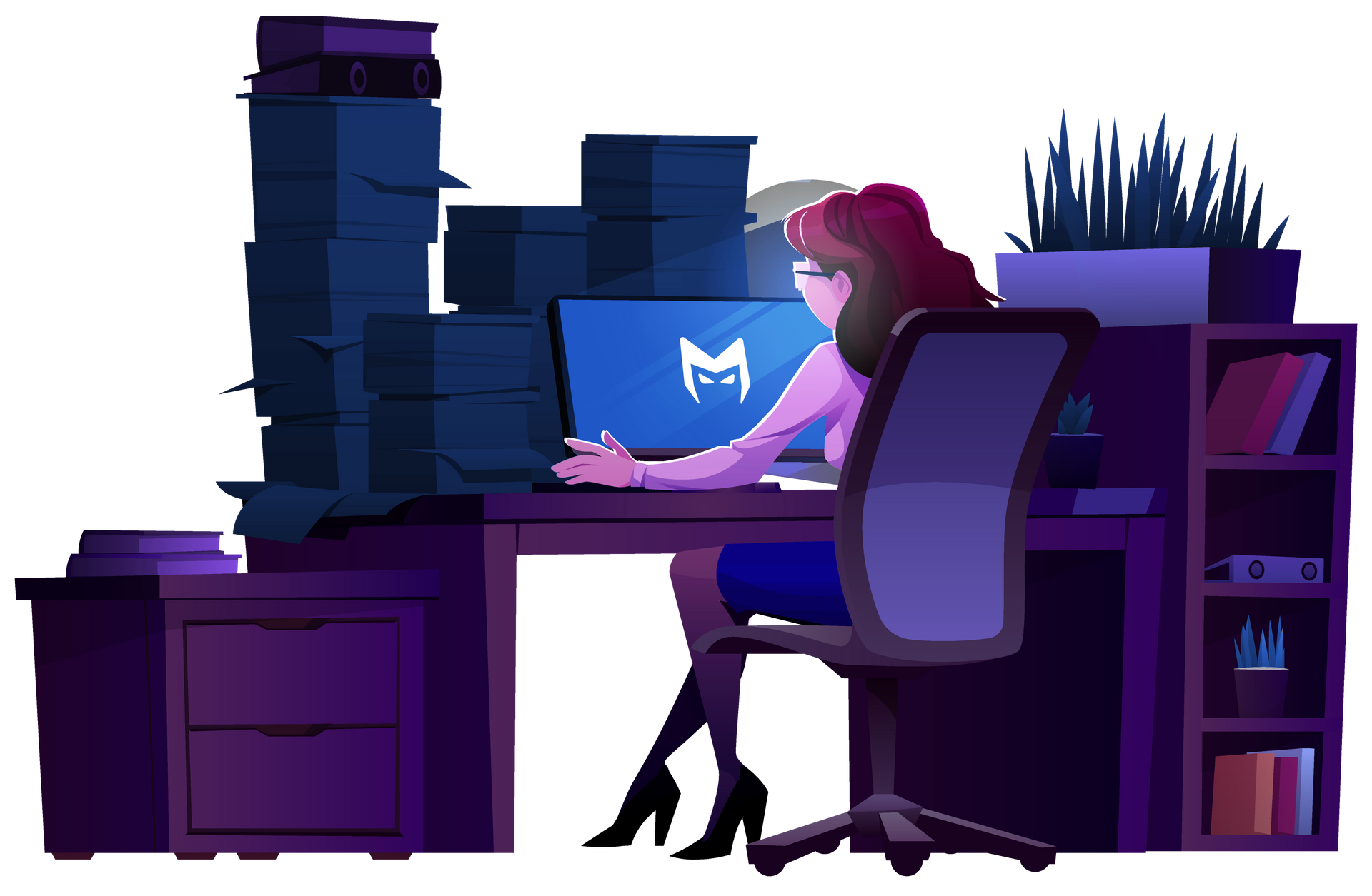 Person working at a desk in a purple-lit room with stacked books and a laptop.