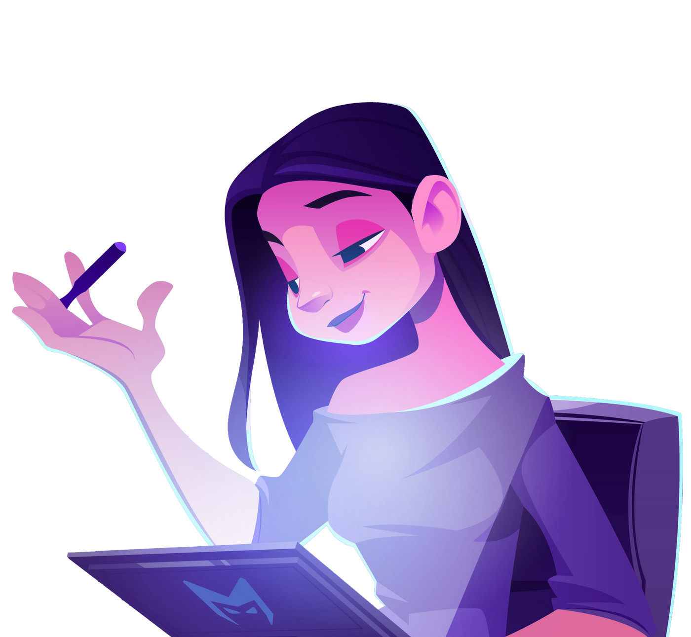 Illustrated person with long dark hair, smiling while holding a pen over a glowing laptop.