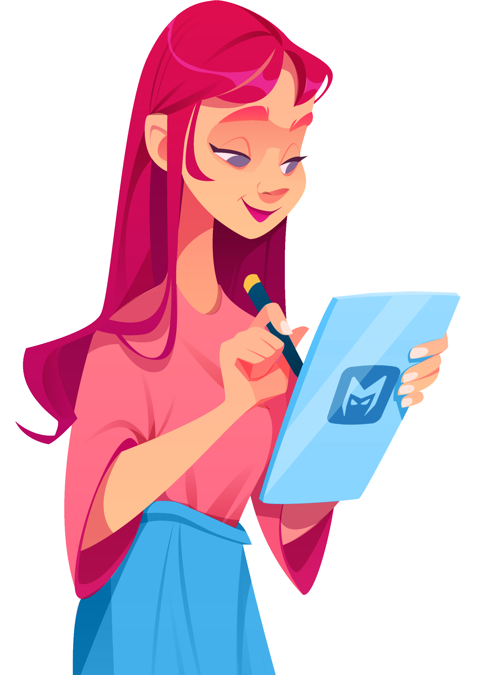 Cartoon artist with pink hair drawing on a blue tablet and smiling