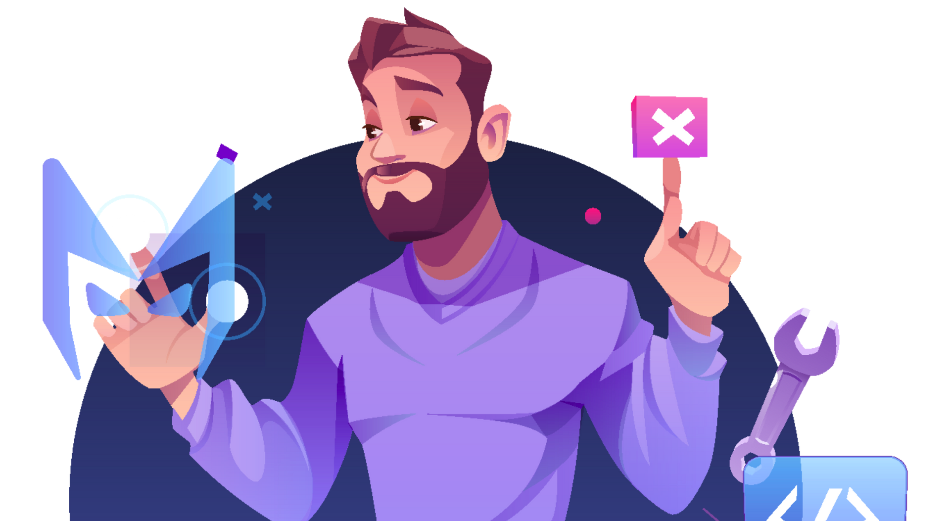 Illustrated developer holding a wrench and a pink error icon, with code and tools around him on a dark background