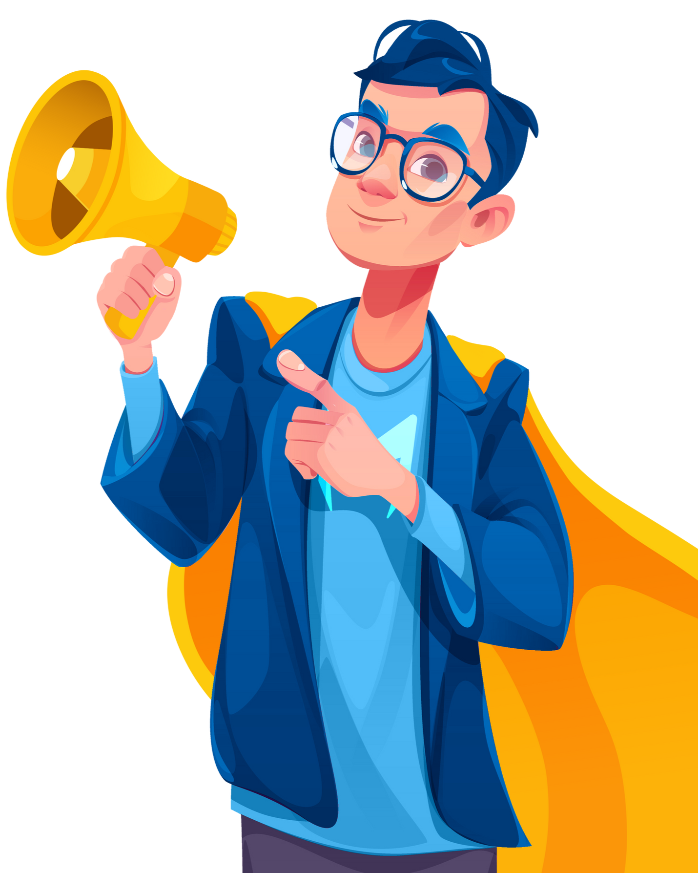 Cartoon person with glasses holding a yellow megaphone and pointing, wearing a blue jacket and cape