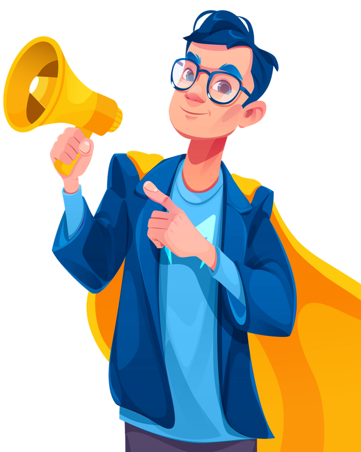 Cartoon man in glasses holding a megaphone, wearing a blue jacket and yellow cape, pointing forward.