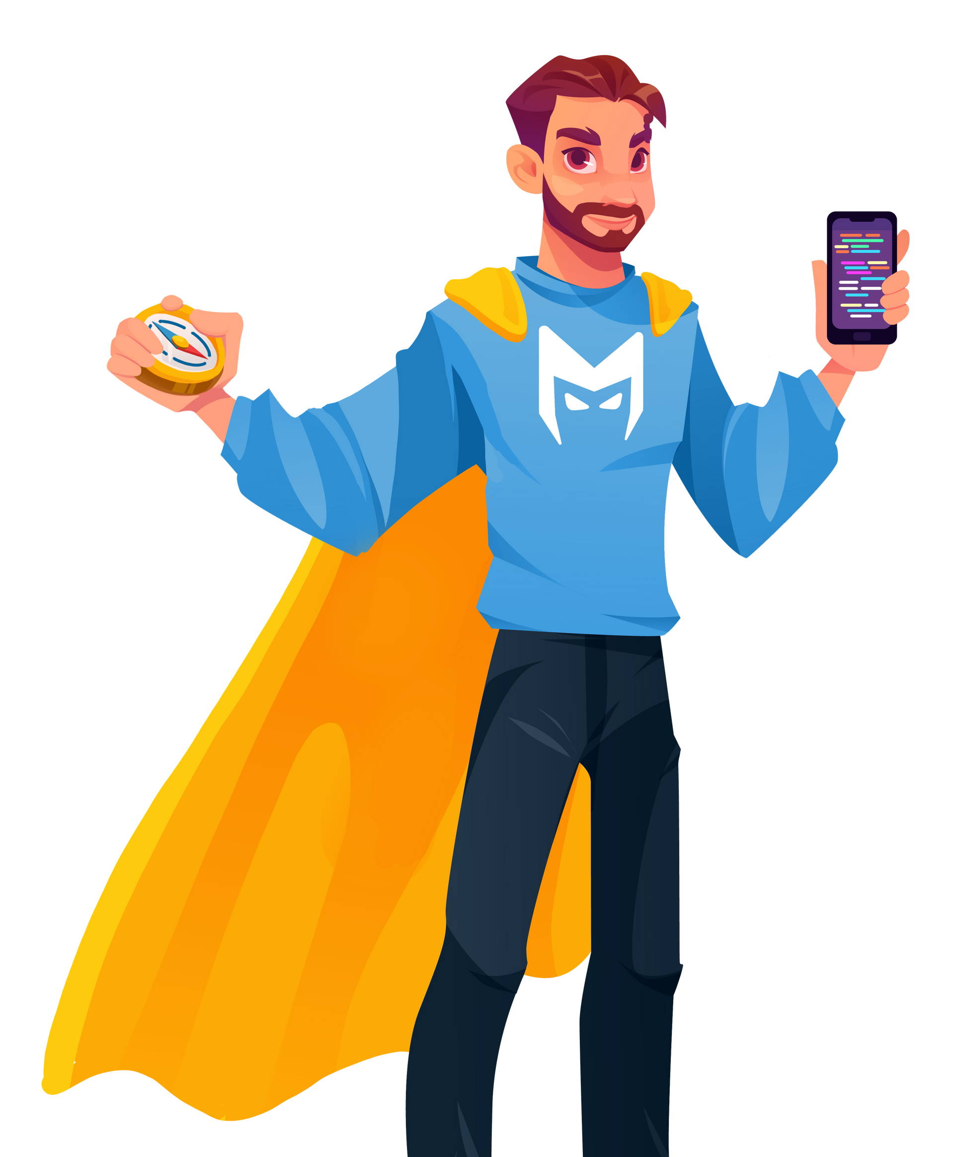 Smiling superhero mascot in blue hoodie and yellow cape holding a phone and a small device.