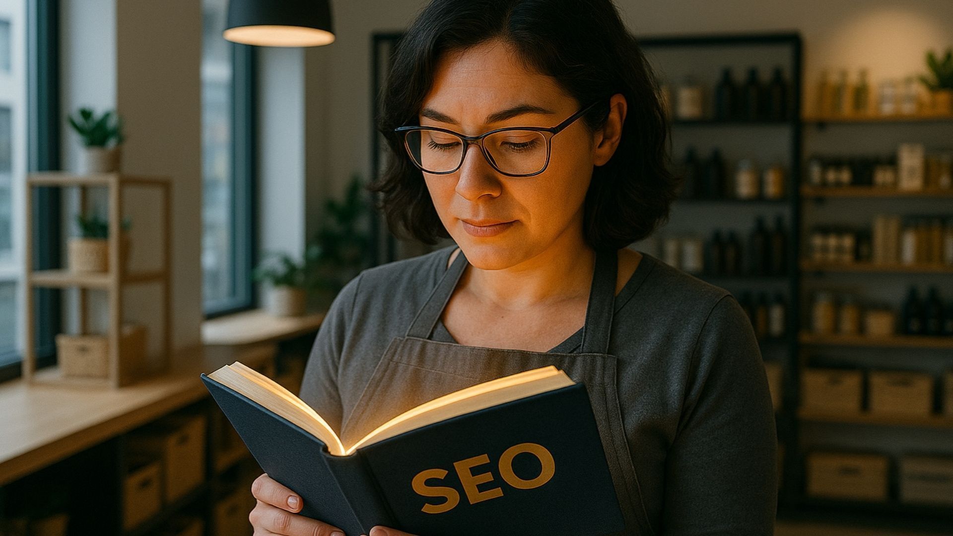 Person reading a book titled “SEO” in a cozy indoor setting.