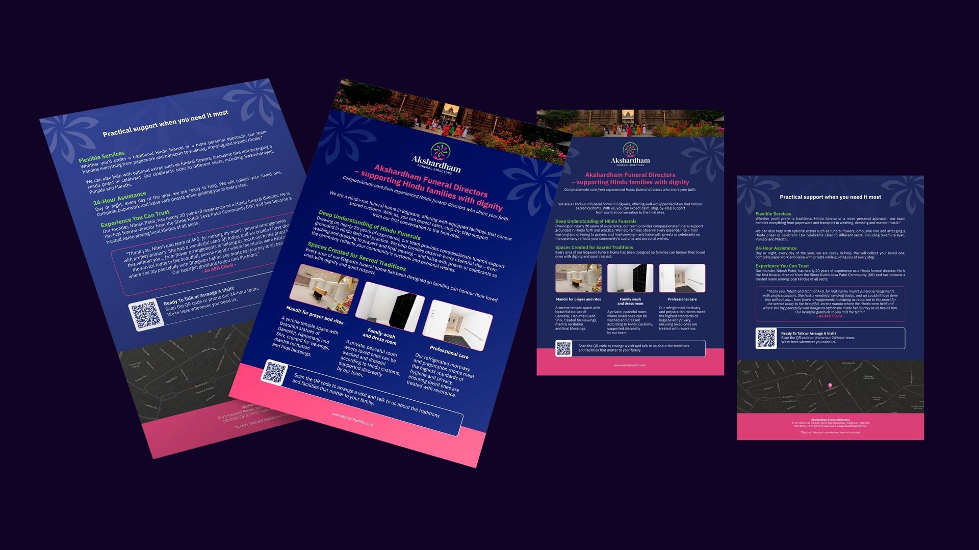 Four blue-and-pink promotional flyers fanned out on a dark purple background.