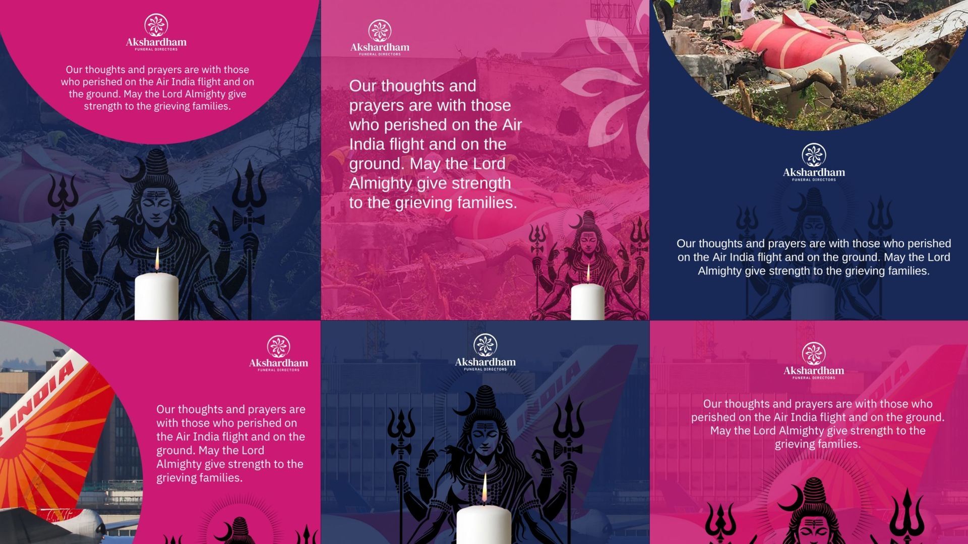 Collage of six colorful festival-style posters with decorative text and scenic illustrations