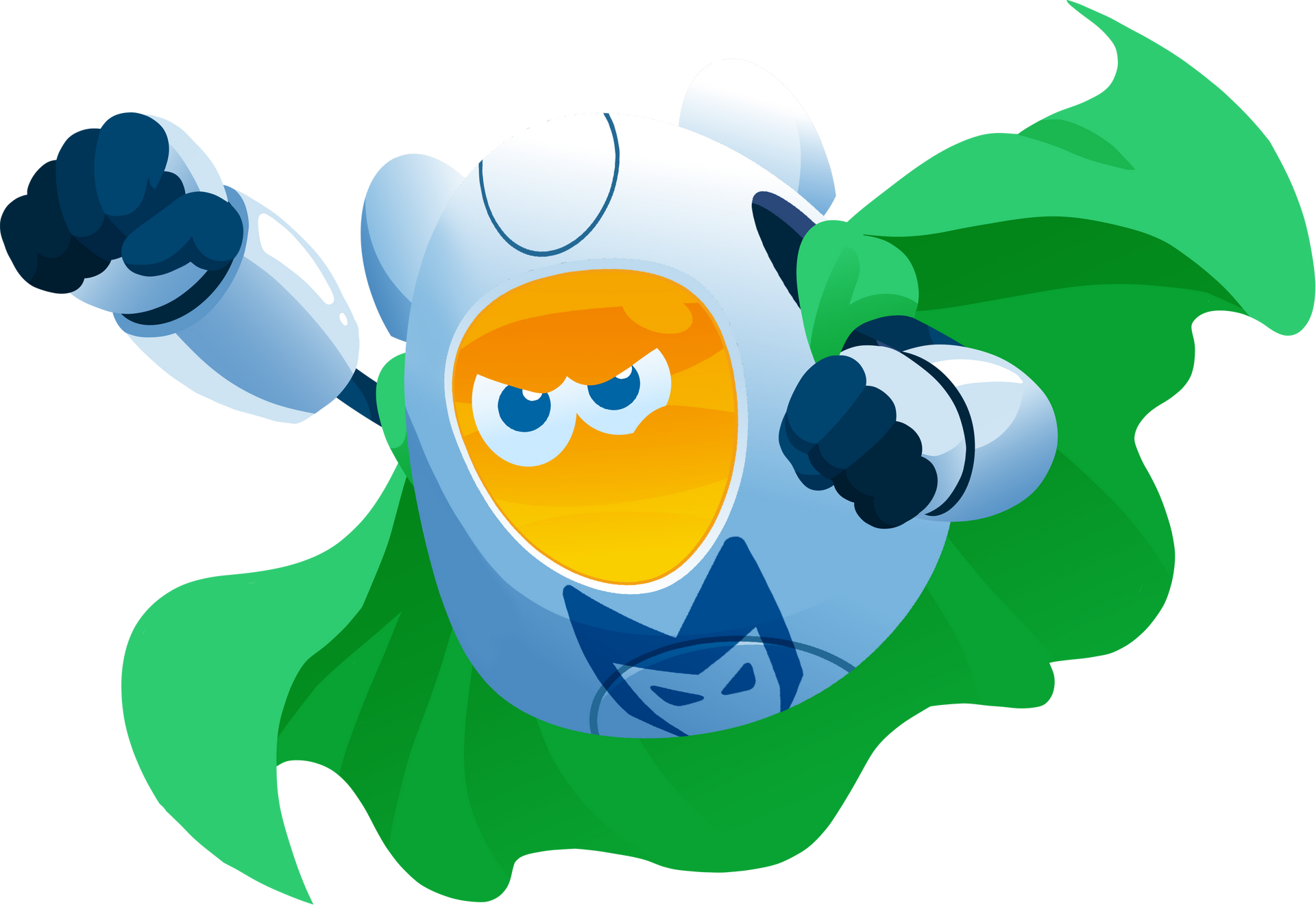 Cartoon superhero in blue and red flying forward with a determined expression