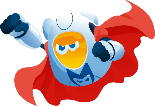 Cartoon superhero in blue and red flying forward with a determined expression