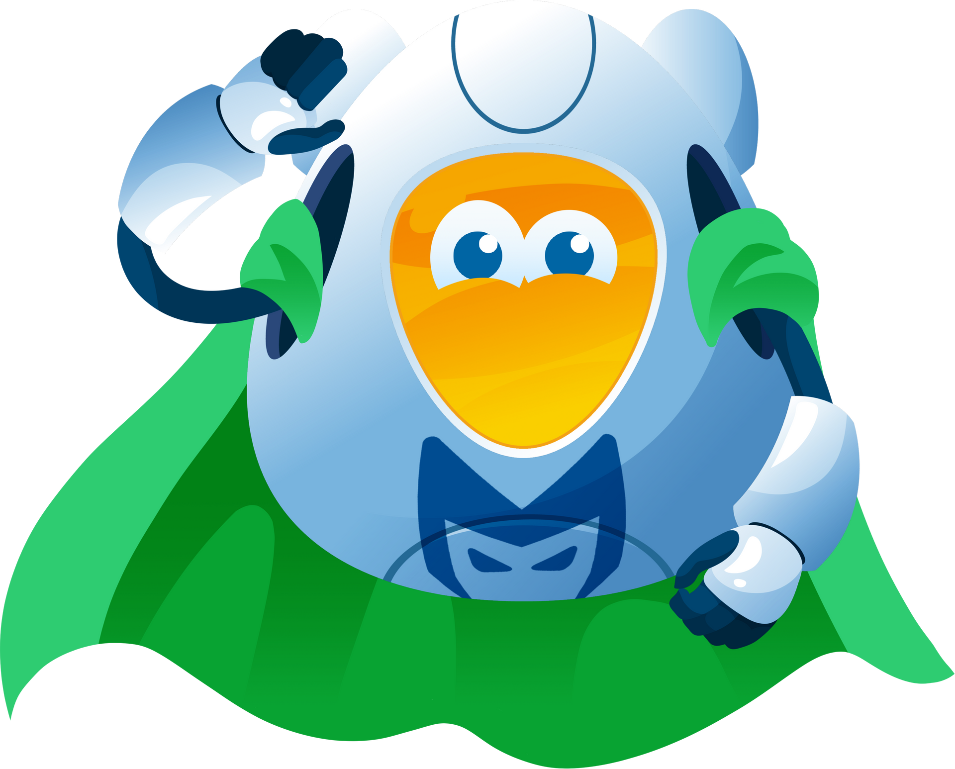 Cartoon blue superhero with green cape holding a bottle aloft and smiling