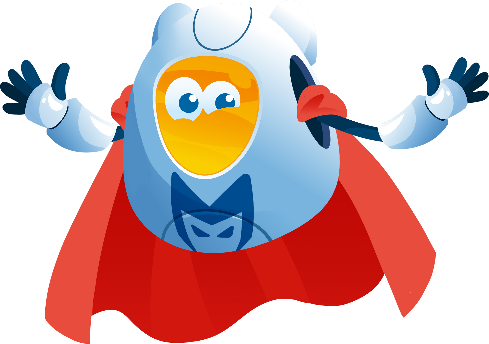 Cartoon detective in blue coat holding a magnifying glass and yellow cape, smiling on a white background
