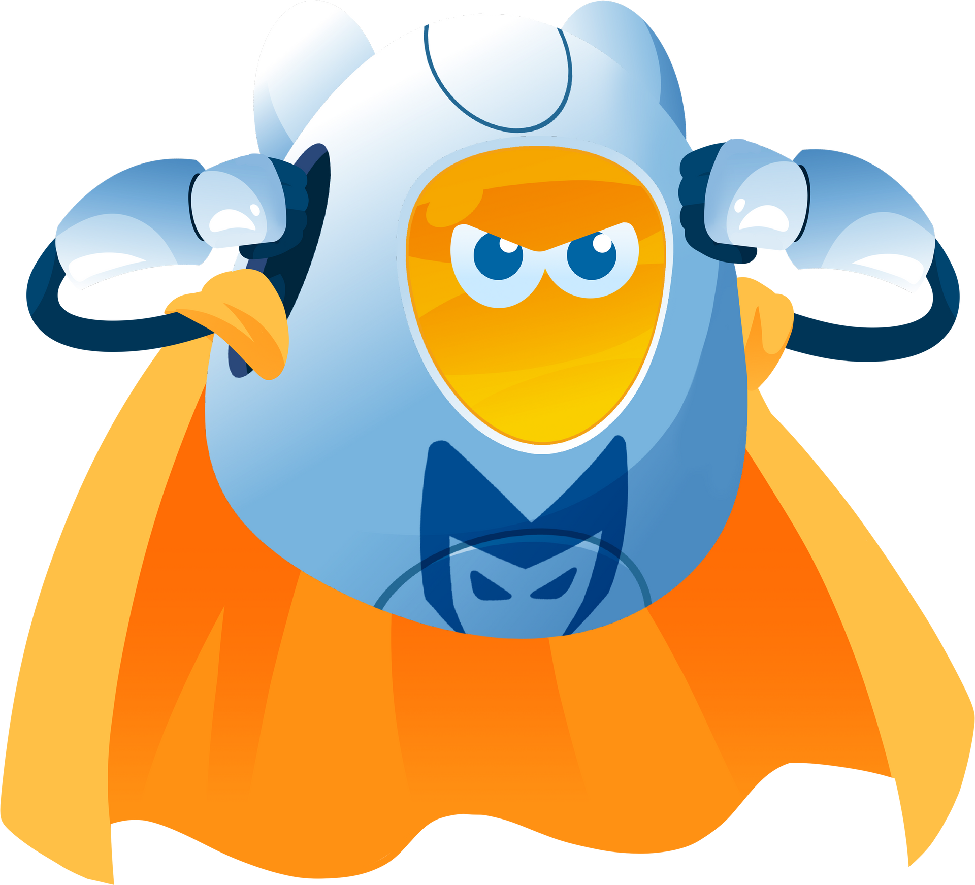 Cartoon superhero in blue and red flying forward with a determined expression