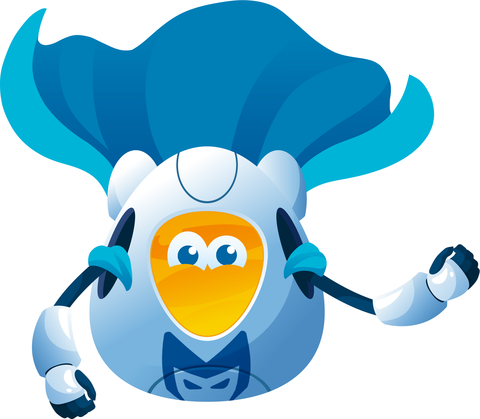 Blue cartoon robot with yellow face, raised arms, and a large flowing blue cape