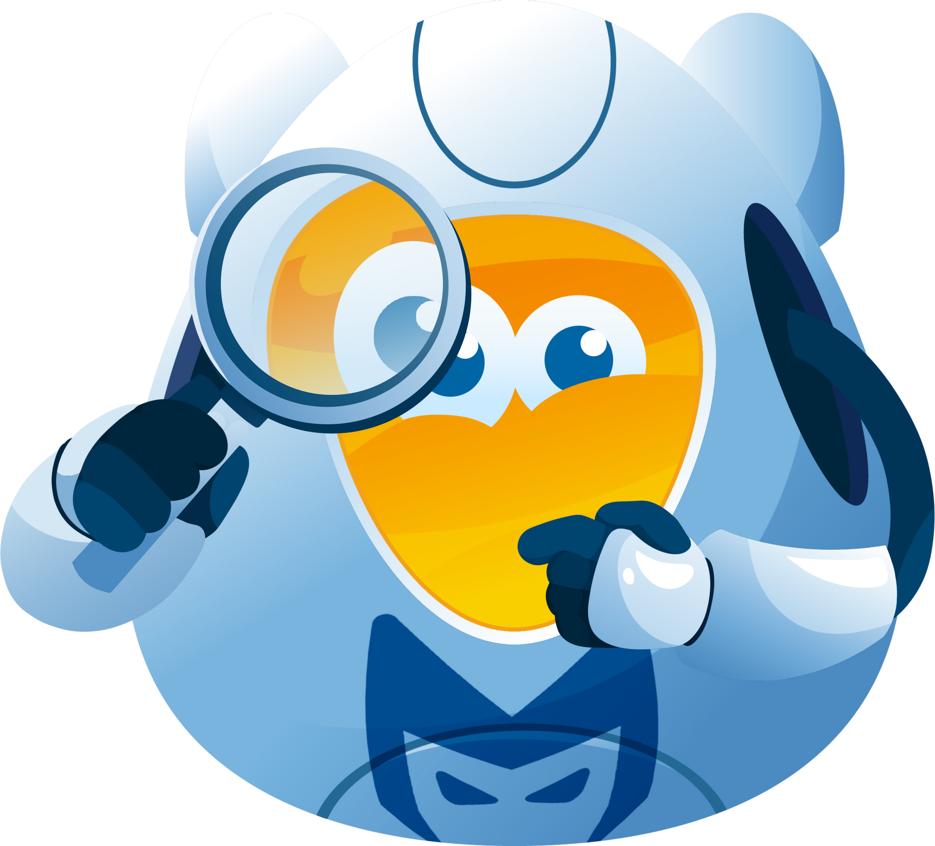 Cartoon detective in blue coat holding a magnifying glass and yellow cape, smiling on a white background