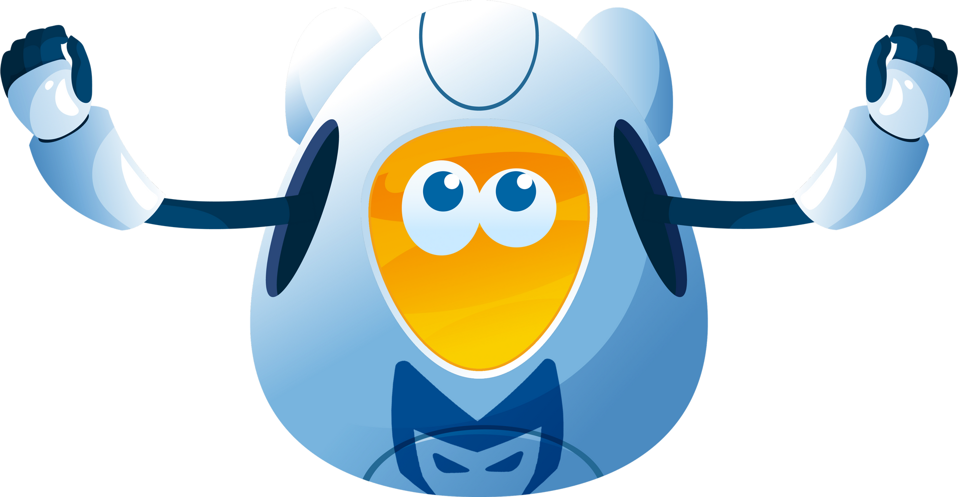 Cartoon superhero in blue and red flying forward with a determined expression