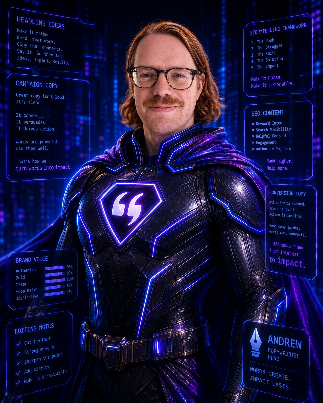 Portrait of a person in a glowing purple tech suit with holographic code panels behind them