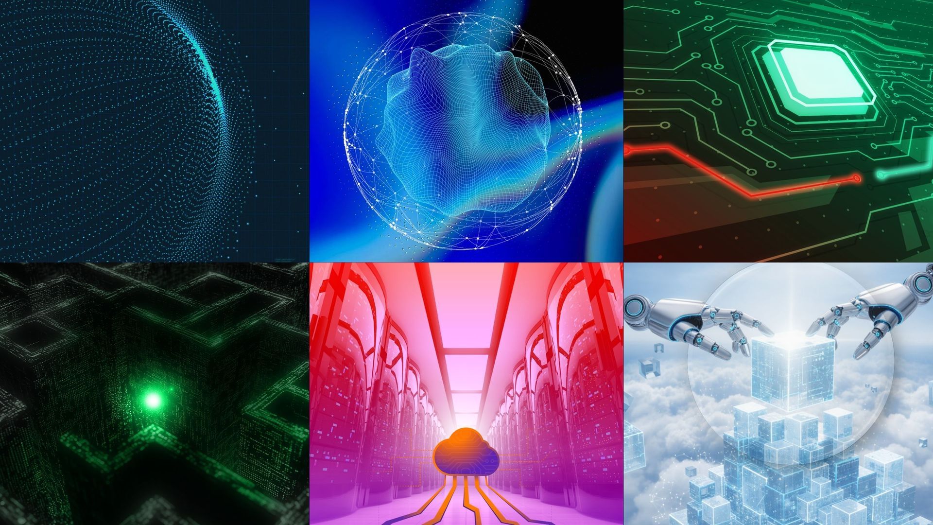 Six futuristic abstract tech visuals in blue, green, red, pink, and white tones.