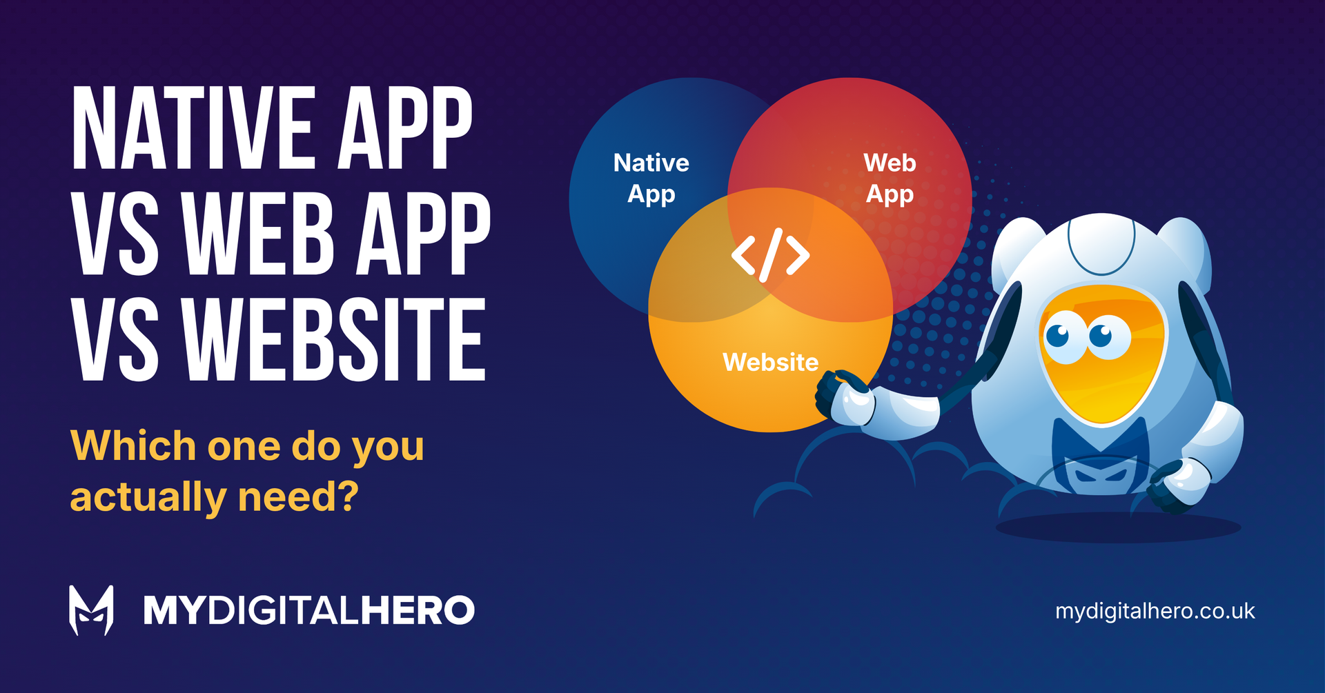 Native app vs web app vs website infographic with overlapping red, blue, and orange circles and a cartoon owl mascot