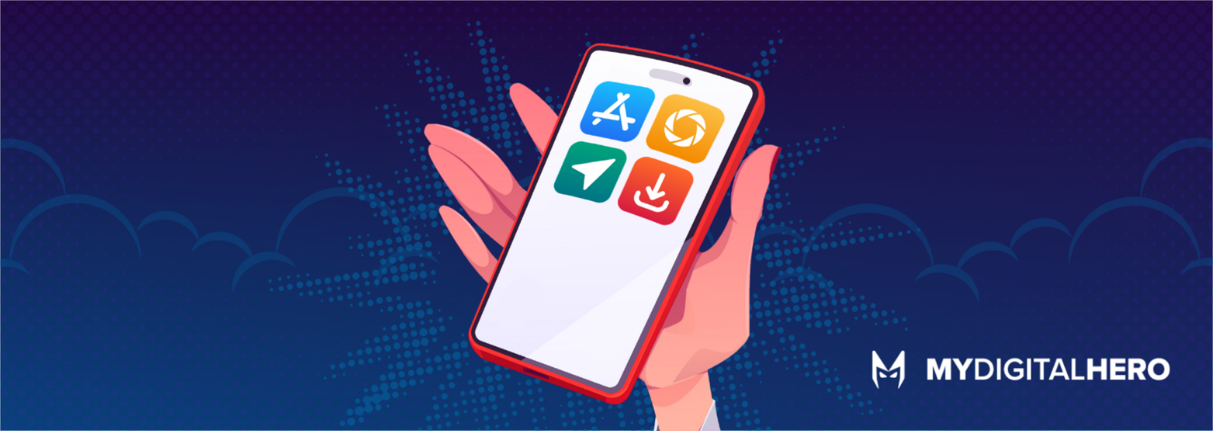 Hand holding a smartphone with colorful app icons on a blue abstract background, with MyDigitalHero logo