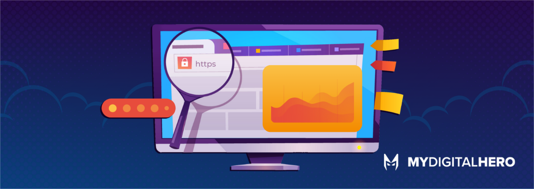 Illustration of a computer monitor with a magnifying glass over charts and UI icons on a purple background