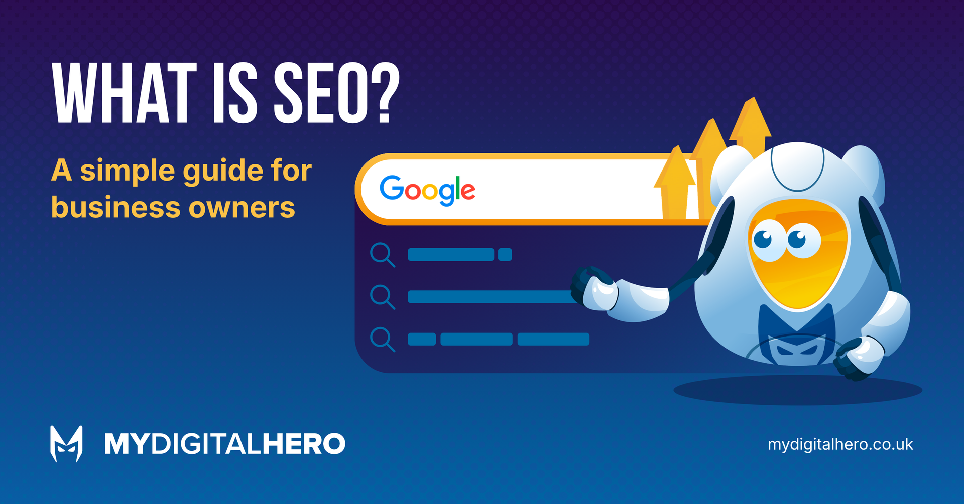 Banner reading “What is SEO?” with Google search bar, rising charts, and a cartoon rocket mascot on blue background