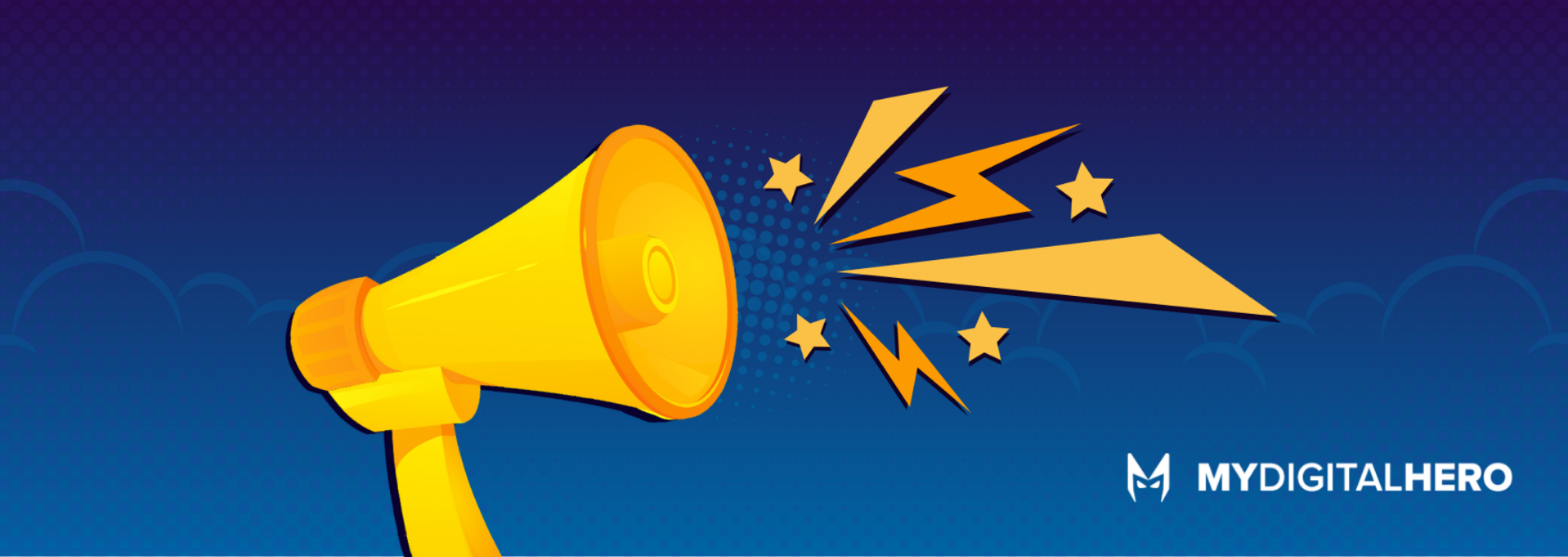 Yellow megaphone with sound bursts on a blue background, with MyDigitalHero logo in the corner