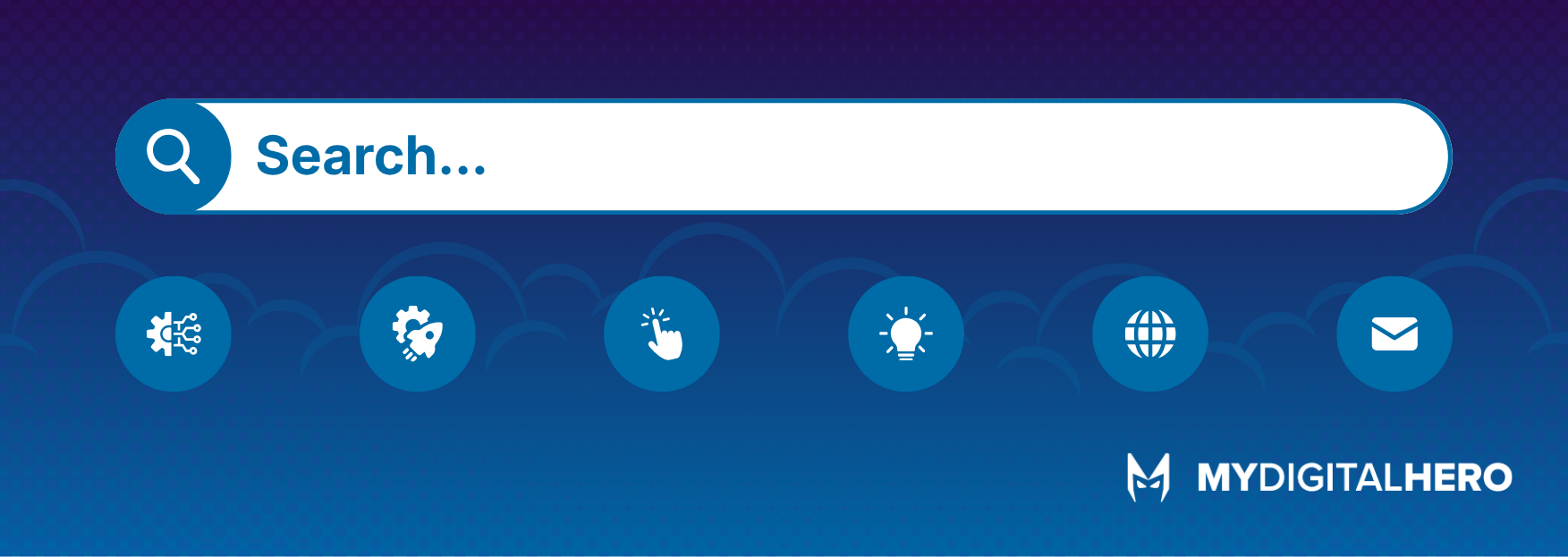 Blue website header with a search bar and circular icon buttons, plus the MYDIGITALHERO logo on the right