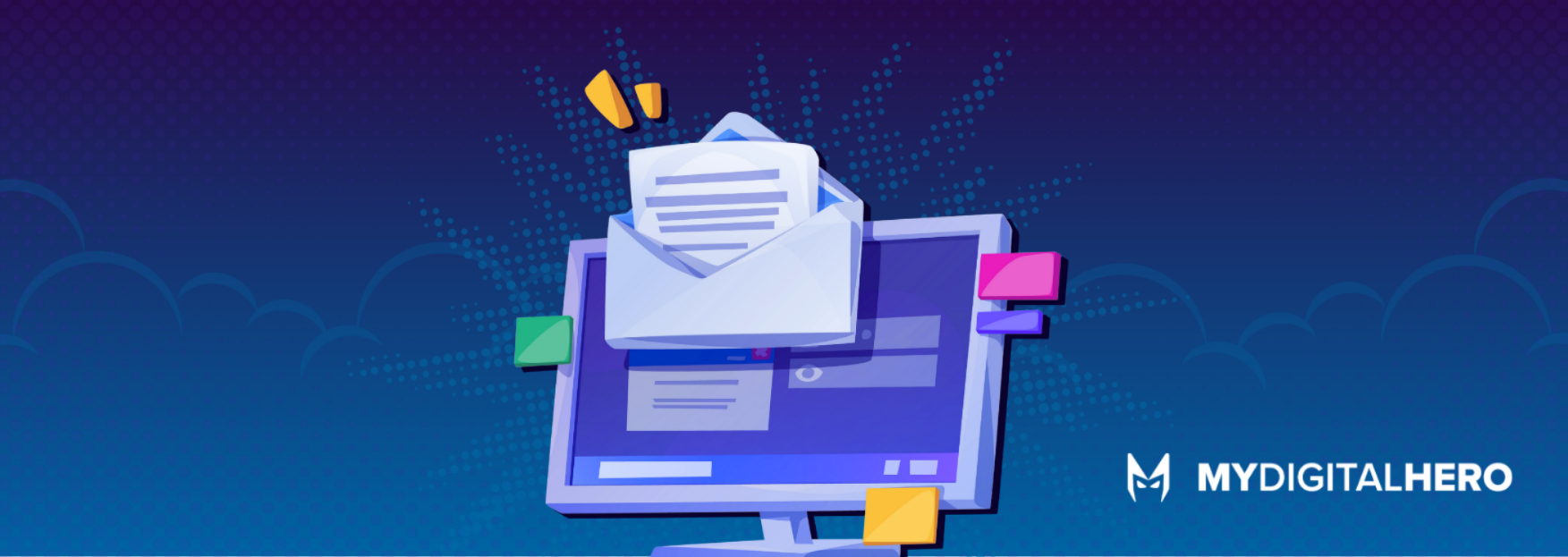 Illustration of a laptop with papers and folders on a blue-purple tech background, with MyDigitalHero logo