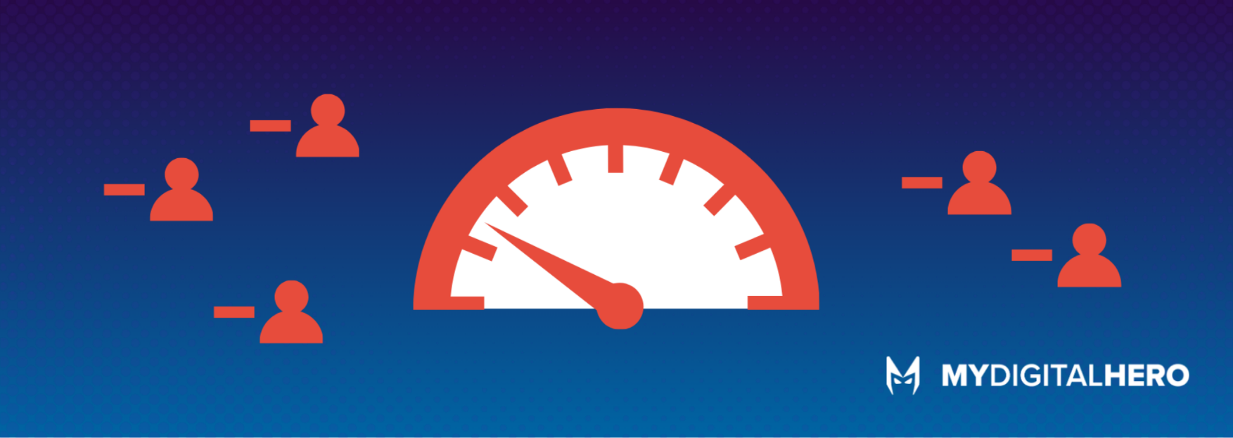 Orange speedometer with small user icons on blue background, suggesting team performance or metrics.