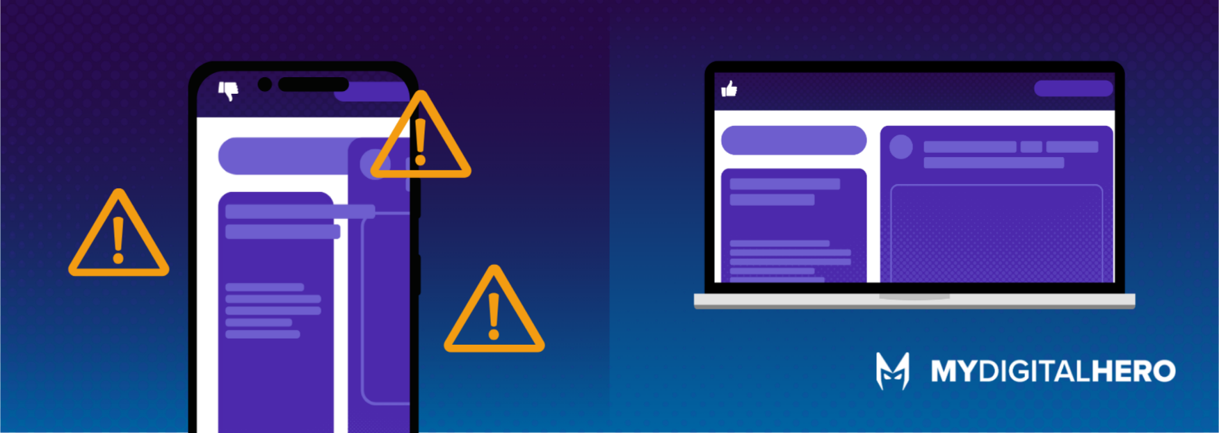 Illustration of a phone and laptop with warning icons, suggesting website or app security issues