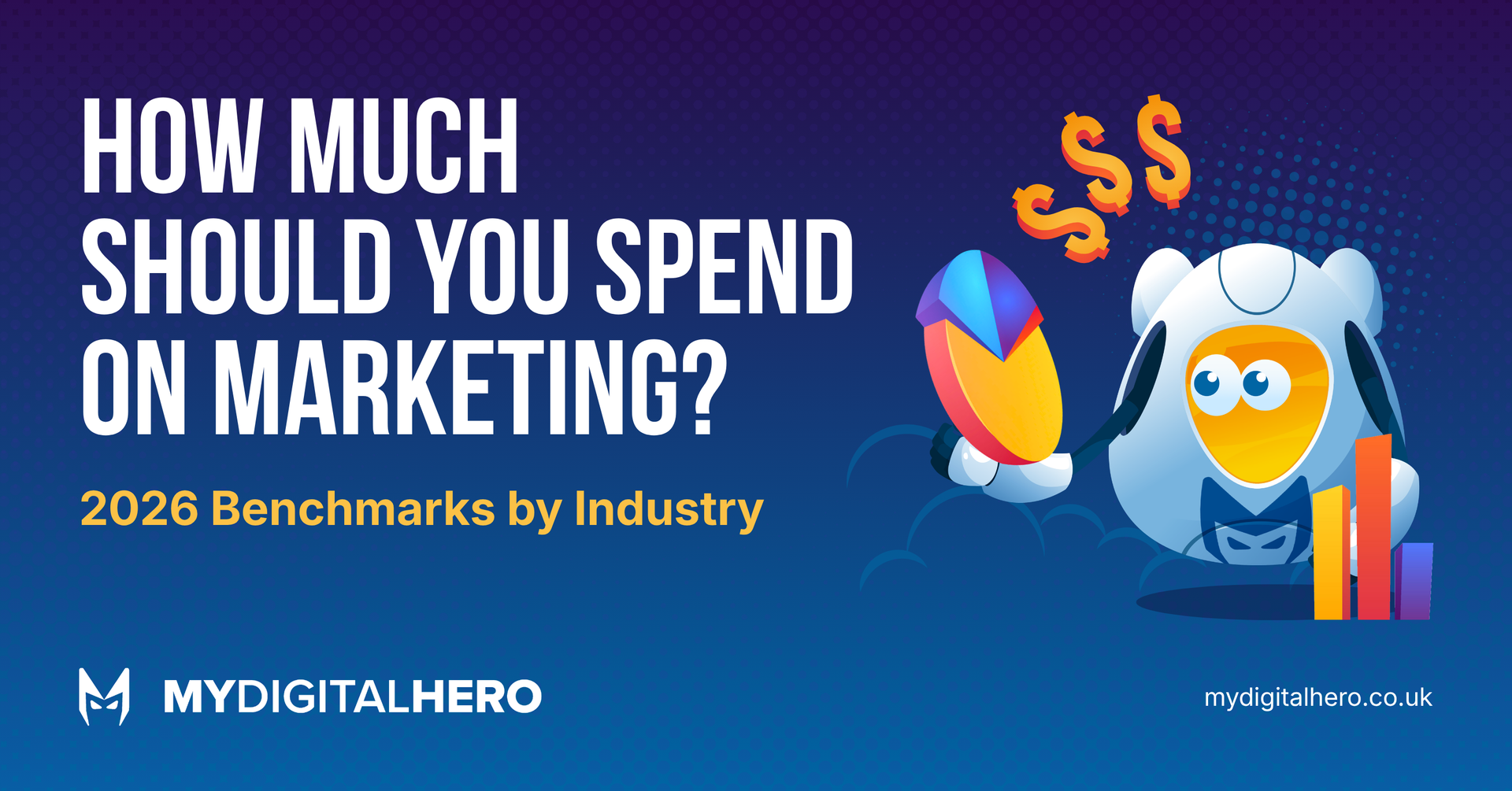 Marketing banner with text “How much should you spend on marketing? 2026 benchmarks by industry” and finance icons.