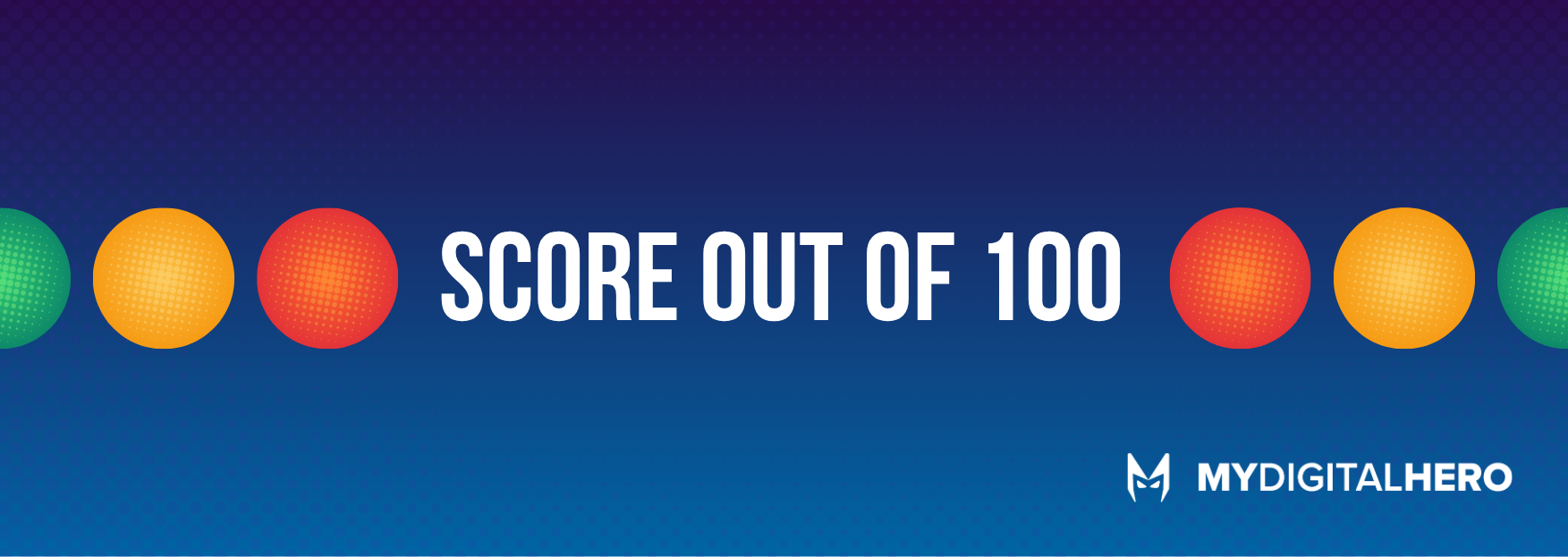 “Score out of 100” banner with colorful circles on a blue gradient background