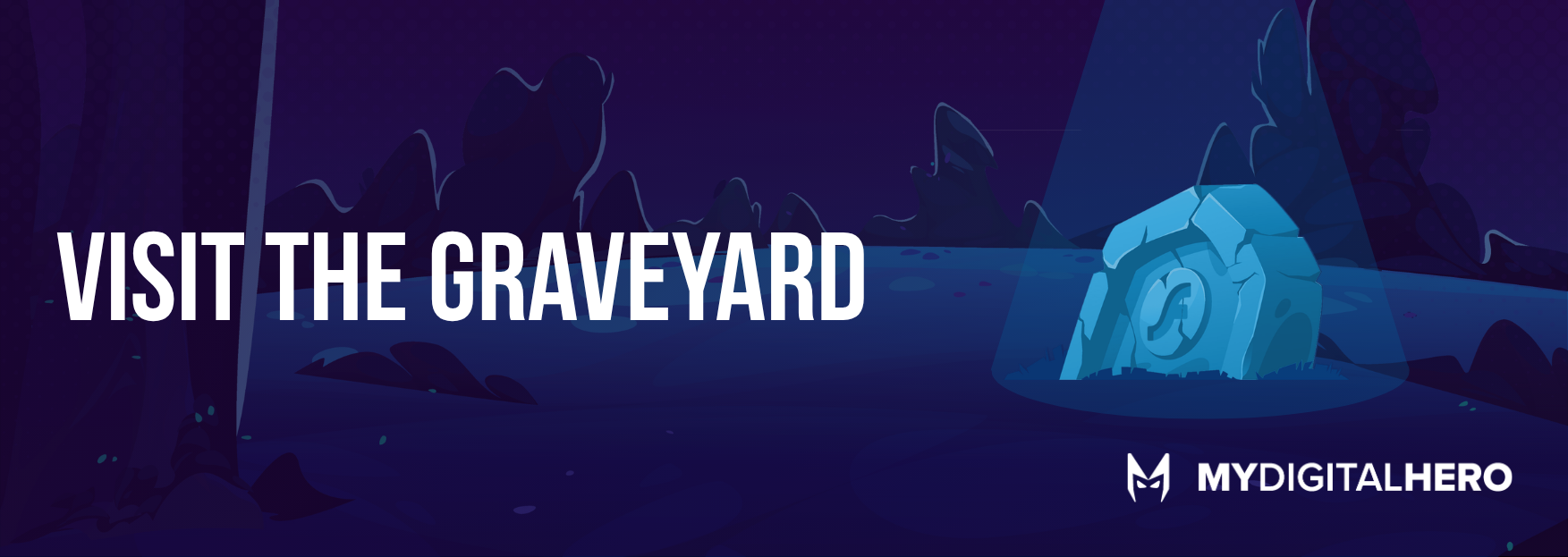 “Visit the Graveyard” event banner with purple background and a glowing tombstone icon, by MyDGTalHero