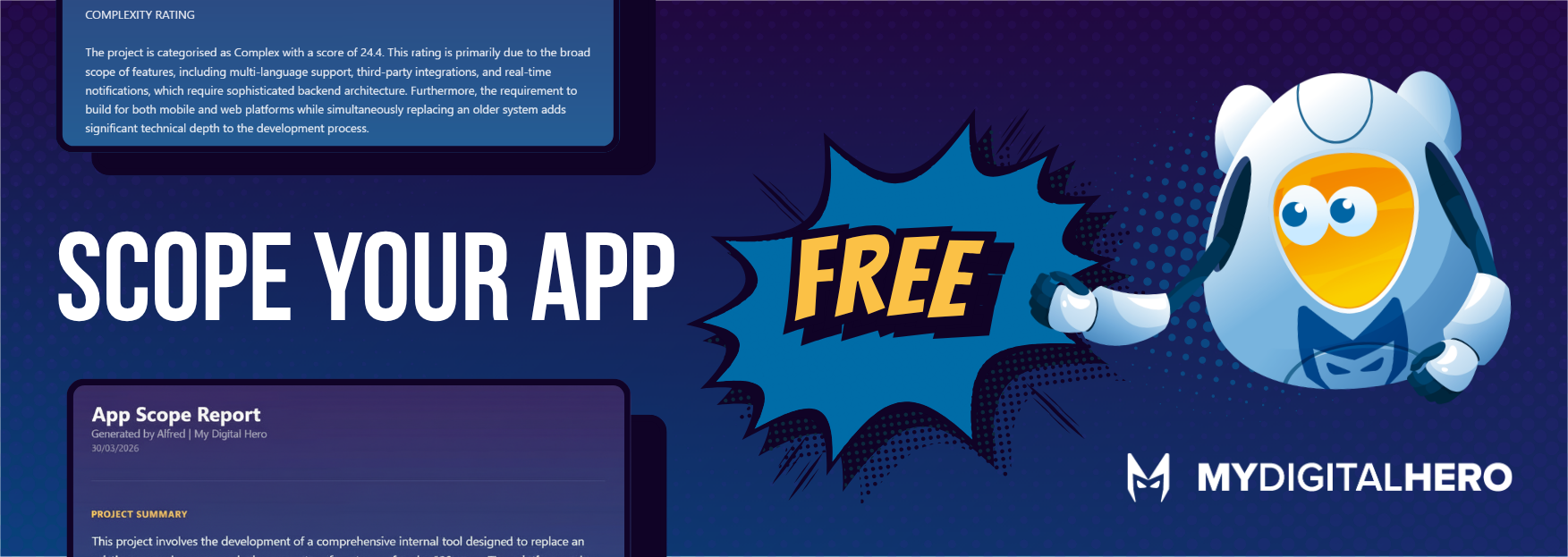 Blue promotional banner reading “SCOPE YOUR APP” with a FREE badge and a cartoon owl mascot on the right.
