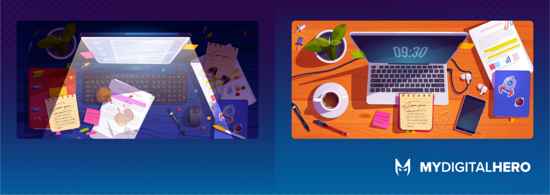 Stylized orange desktop scene with laptop, coffee, papers, and phone beside a dark blue workspace scene