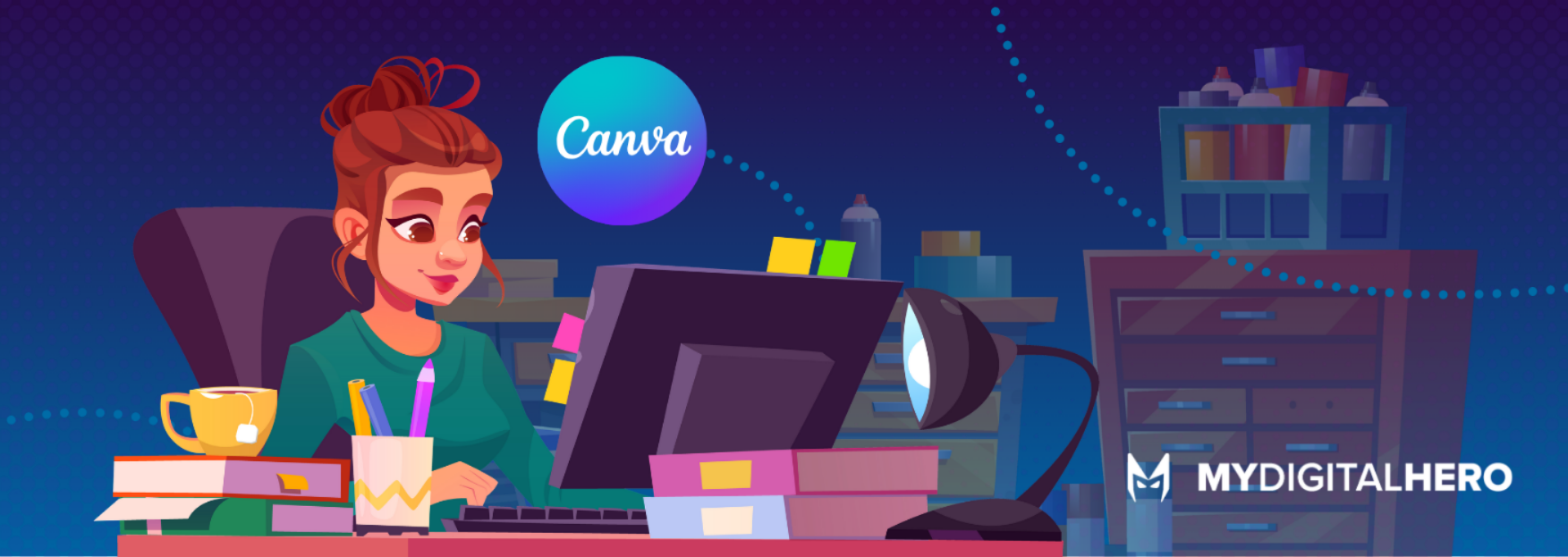 Woman at desk using a computer in a dark office, with books, coffee, and a Canva logo in the background.