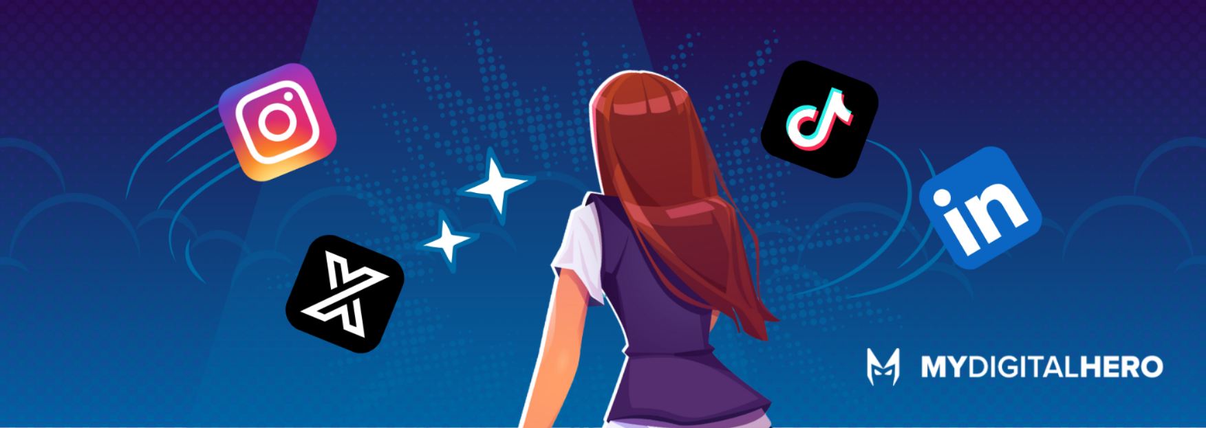 Woman viewed from behind using social media icons on a blue-purple digital background