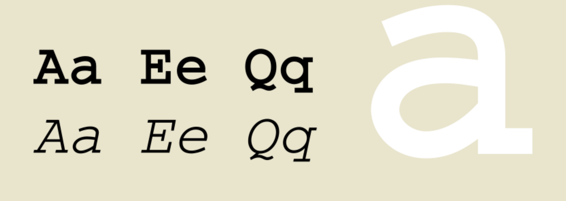 Black and white serif and sans-serif letter pairs with a large cream lowercase a on a beige background