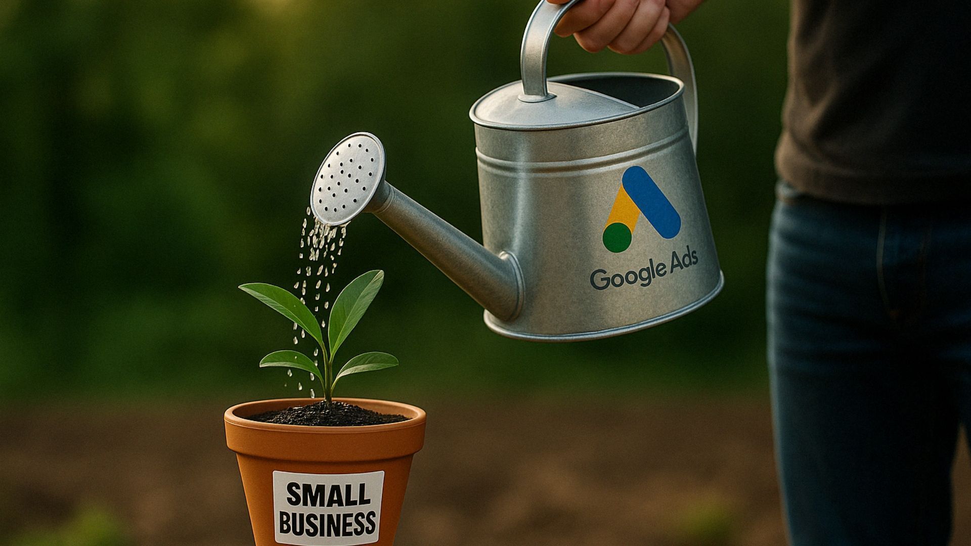 Hand watering a small seedling in a pot labeled “SMALL BUSINESS” with a metal watering can
