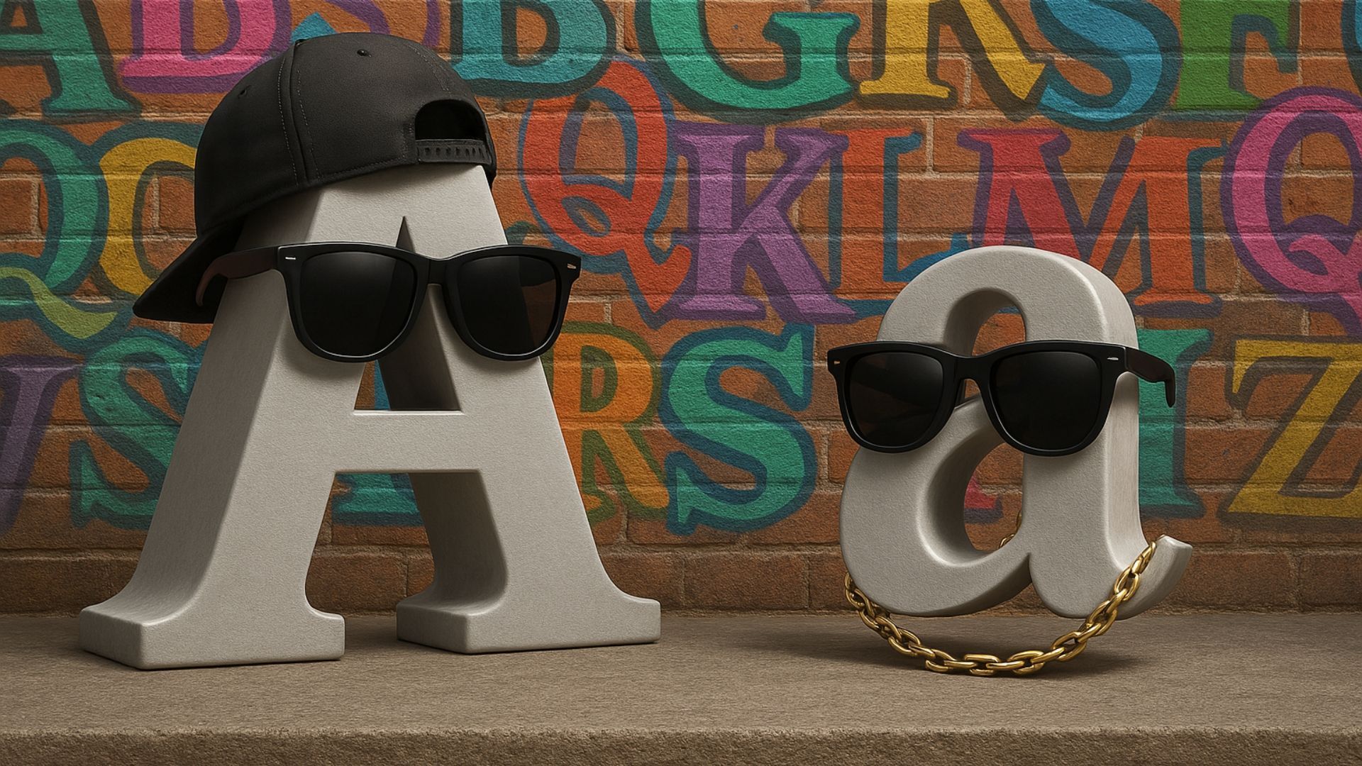 Two decorative letter sculptures wearing sunglasses and hats on a shelf, with colorful graffiti background